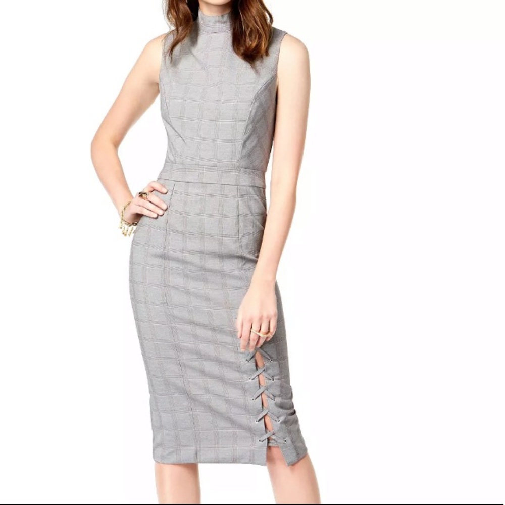 Midi Pencil Plaid Career/Office Dress Sleeveless Cut Side Fitted Business Large